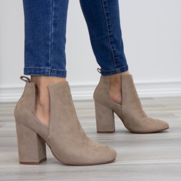 Vegan Suede Tan Cute Ankle Boots W/ Open Sides - Picture 7 of 10